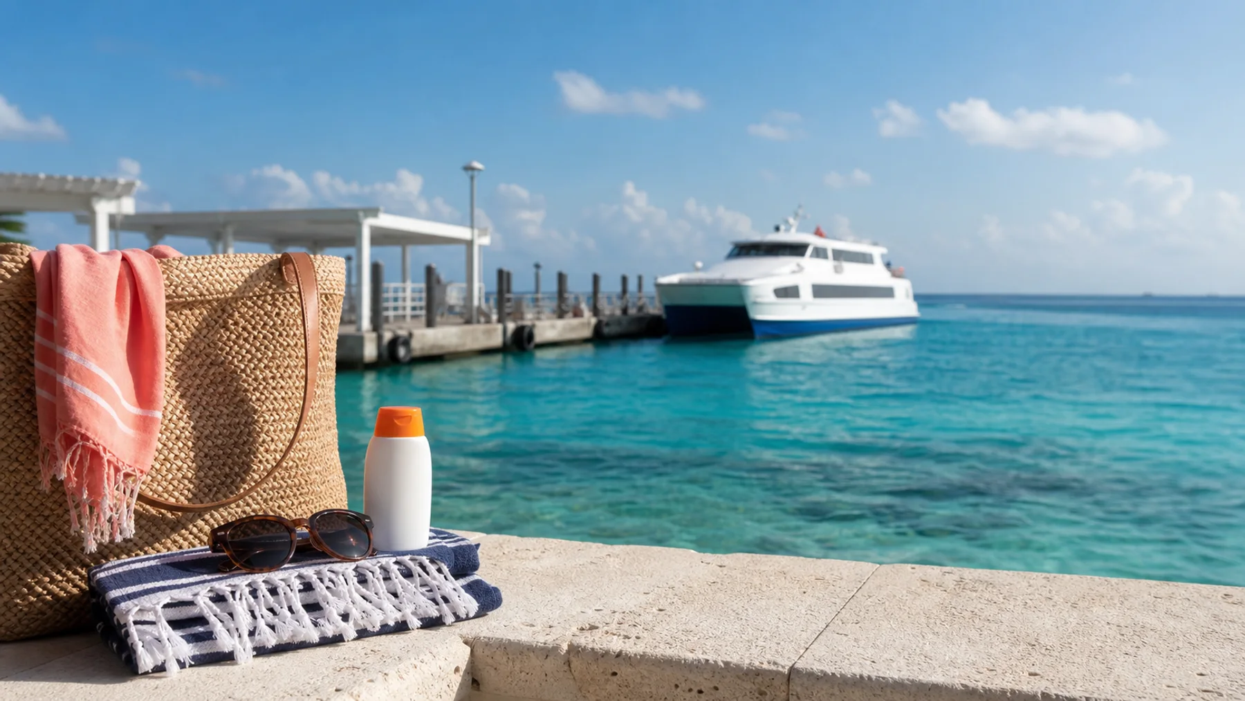 Beach bag and ferry view for a Cozumel day trip from Playa del Carmen